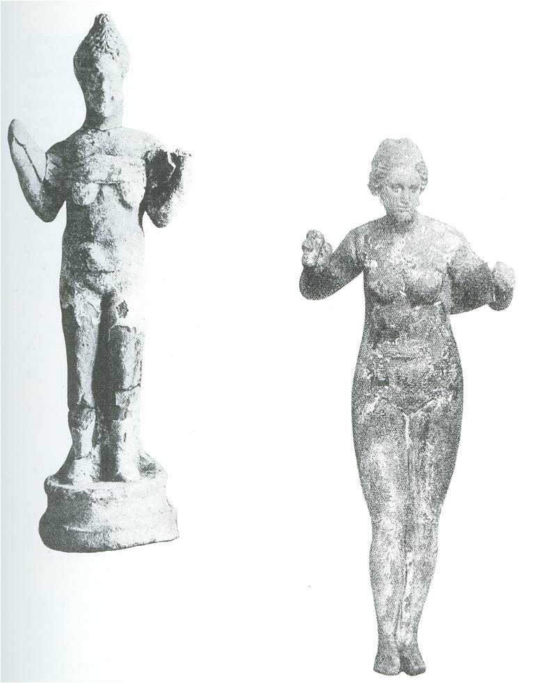 Ταναγραίες 2oς αιώνας π.Χ.  Στο αριστερό αγαλματίδιο έχει τοποθετηθεί επίδεσμος μαστού για να σταματήσει η γαλακτοφορία,  Αρχαιολογικό Μουσείο Αθηνών