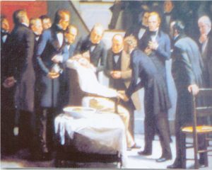 Ζωγραφική Robert Hinkley (1822),  Δείχνει την 1η αναισθησία που έγινε στις 16 Οκτωβρίου 1846 στο Γεν. Νοσ. Μασσαχουσέτης στις ΗΠΑ,   Ιατρική Βιβλιοθήκη Βοστώνης